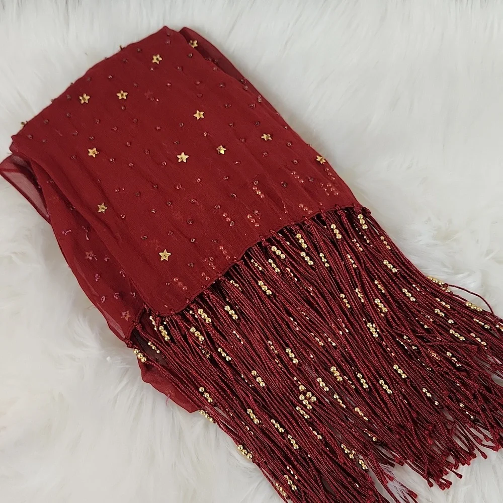 Fashion Scarf, Red with gold hardware and fringes, 70" long. - Picture 5 of 6